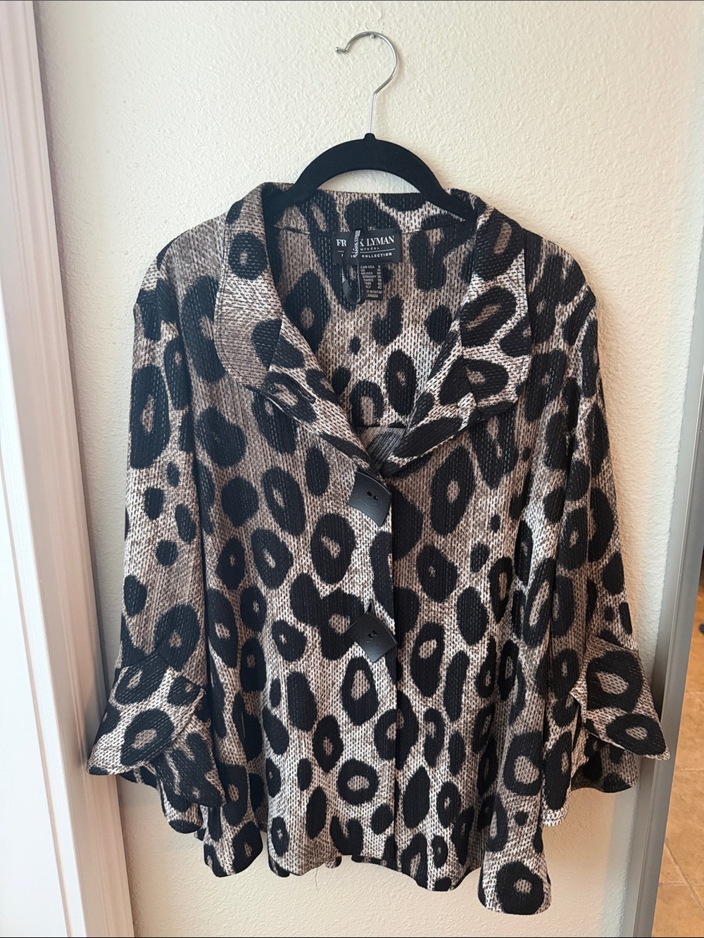 Frank Lyman Design Animal Print Button Jacket in Black and Taupe